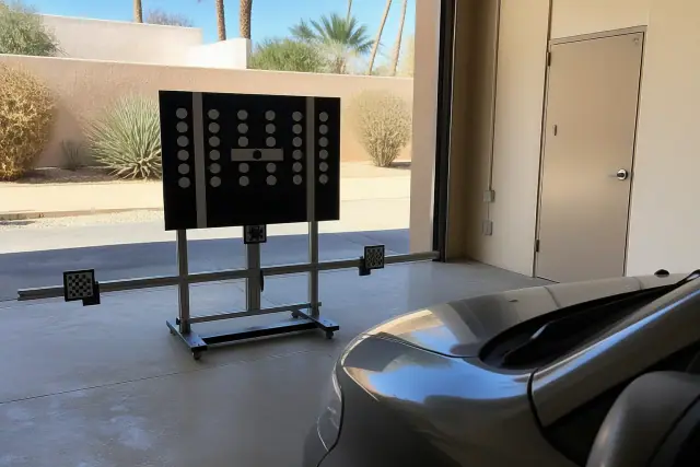 Digital calibration target stand set up in front of a vehicle for ADAS service in Phoenix, AZ.