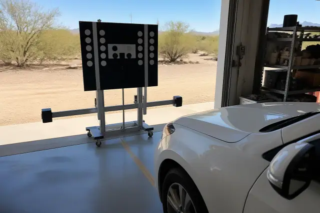 ADAS camera calibration target stand set up in front of a vehicle at a Phoenix, AZ service bay.