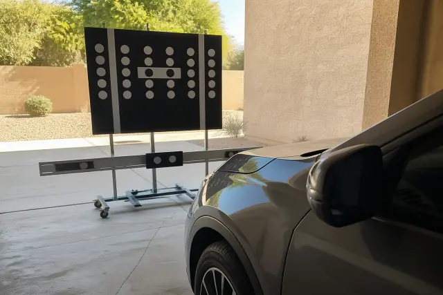 ADAS camera calibration being performed on a vehicle in a Phoenix, AZ service bay with a digital target stand.