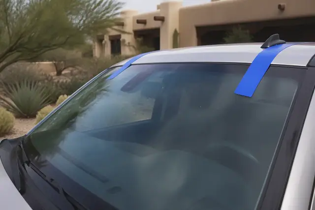 A newly installed windshield with retention tape on a vehicle at a residence in Paradise Valley, AZ.