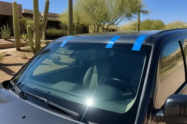 Newly installed car windshield with retention tape on a vehicle in Scottsdale, AZ, with desert cacti in the background.