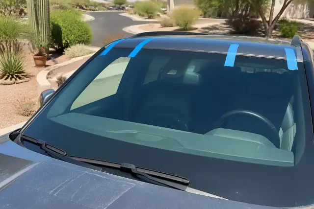 Newly installed vehicle windshield with retention tape in Scottsdale, AZ, surrounded by desert landscaping.