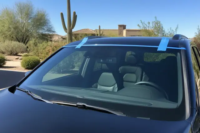 Newly installed windshield with retention tape on a vehicle in Paradise Valley, AZ, with desert scenery in the background.