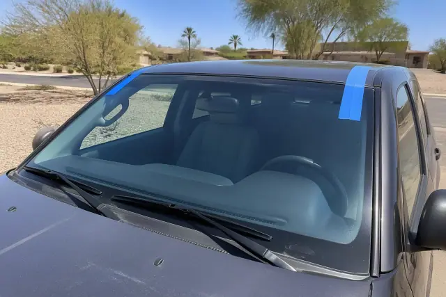 A newly installed car windshield with retention tape on a vehicle in Glendale, AZ.