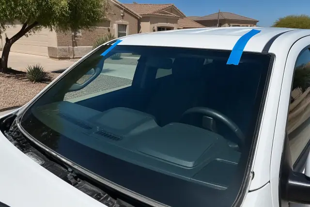 Newly installed windshield with retention tape on a vehicle in a Peoria, AZ driveway.
