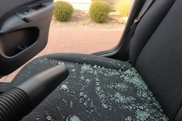 Shop vacuum nozzle cleaning tempered glass fragments from a car seat in Phoenix, AZ.