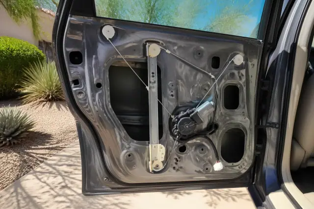 Cable-and-pulley window regulator repair inside a car door at a jobsite in Phoenix, AZ.