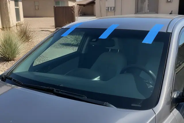 A newly installed car windshield secured with blue painter's tape in Tempe, AZ.