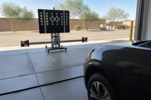 Digital calibration target stand aligned with a vehicle during an ADAS service in a Phoenix, AZ repair shop.