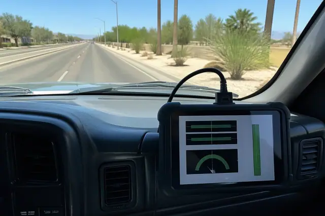 A diagnostic tablet showing sensor calibration data during a road test in Phoenix, AZ.