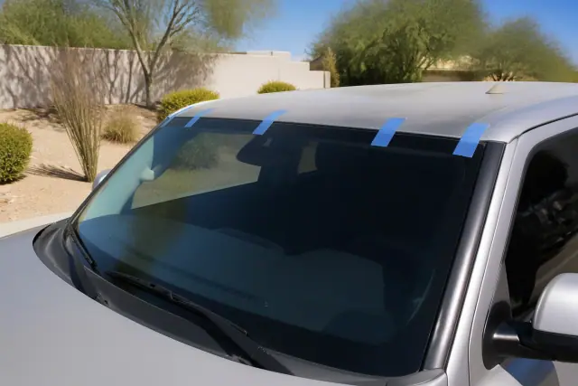 A newly replaced windshield with retention tape on a vehicle parked at a jobsite in Phoenix, AZ.