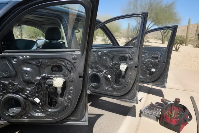 Car doors with interior panels removed for window regulator repair in Phoenix, AZ.