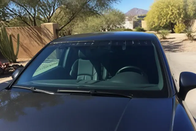 Newly installed car windshield with retention tape on a vehicle in a residential driveway in Phoenix, AZ.