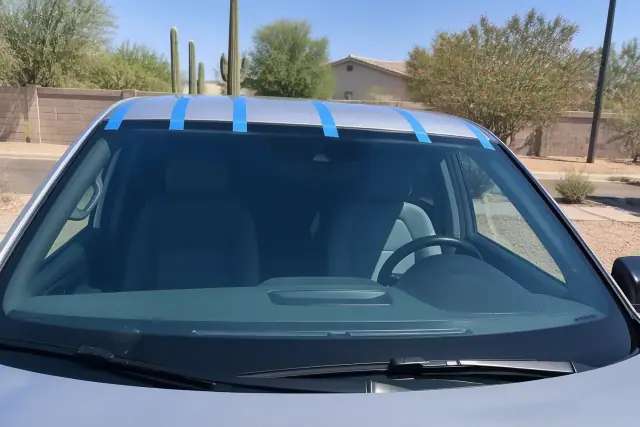 Newly installed heated and rain-sensing windshield on a vehicle in a service bay in Phoenix, AZ.