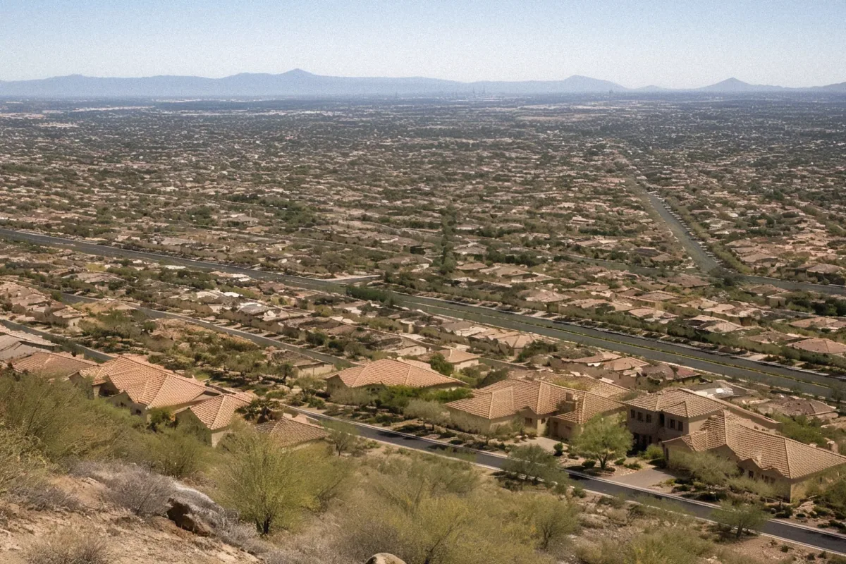 Aerial view of residential neighborhoods, desert ridgelines, and arterial roads in Phoenix, AZ at sunrise.