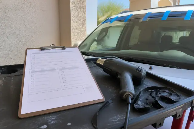 Clipboard with insurance and cash-pay form on a workbench at a windshield repair shop in Phoenix, AZ.