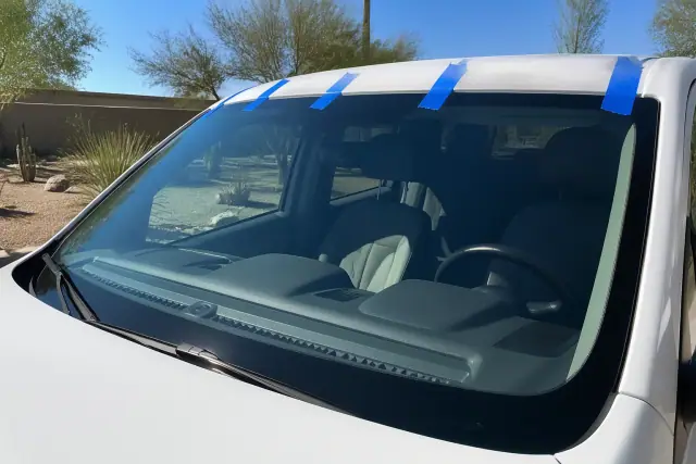 Newly installed windshield with retention tape on a car parked in front of desert landscaping in Phoenix, AZ.