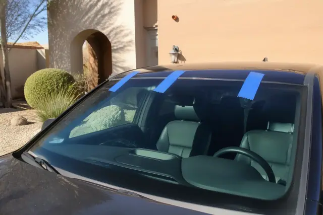 Newly installed windshield on a vehicle at a home in Phoenix, AZ, secured with retention tape.