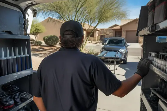 Technician inside a service van with auto glass tools, parked on a residential street in Phoenix, AZ.