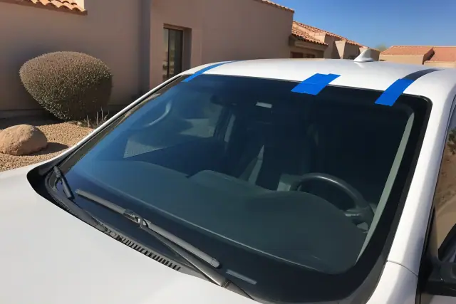 Newly installed windshield with retention tape on a car parked in front of a house in Peoria, AZ.