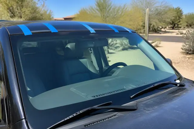 Newly installed car windshield with retention tape on a vehicle in Phoenix, AZ, surrounded by desert landscaping.