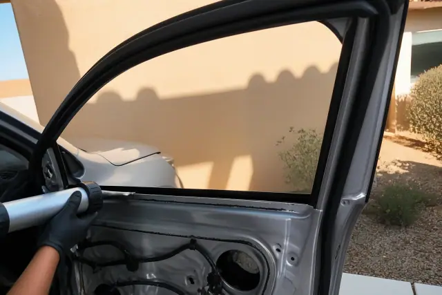 Technician preparing a car window channel with adhesive for glass replacement in Phoenix, AZ.