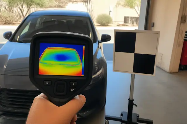 Thermal camera showing AC air distribution patterns on a vehicle windshield at a service bay in Phoenix, AZ.