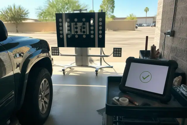 Digital calibration target and diagnostic tablet showing a scan confirmation in a Phoenix, AZ auto shop.