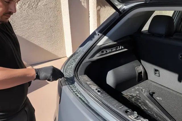 Technician removing broken rear glass fragments from a hatchback at a repair shop in Phoenix, AZ.