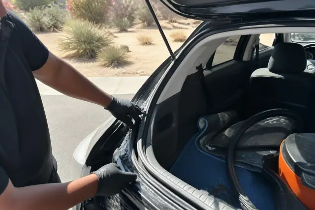 Technician removing broken glass fragments from a hatchback trunk during a rear glass replacement in Phoenix, AZ.