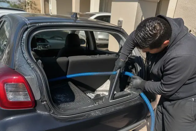 Technician removing glass shards from a hatchback trunk during a rear glass replacement in Mesa, AZ.