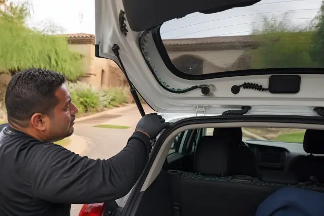 Technician removing broken rear hatchback glass in Paradise Valley, AZ.