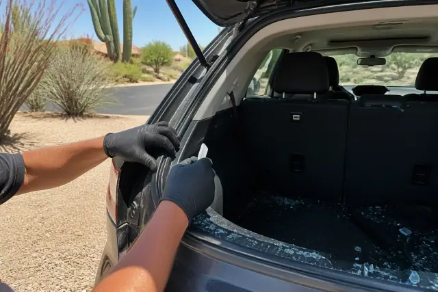 Technician removing broken rear glass fragments from a hatchback in Scottsdale, AZ with desert plants in the background.