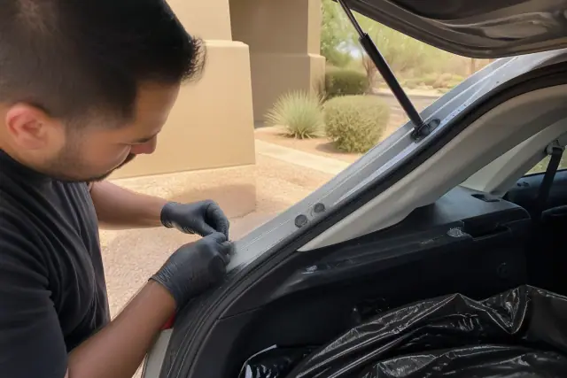 Technician removing broken glass from a hatchback rear window at a job site in Phoenix, AZ.