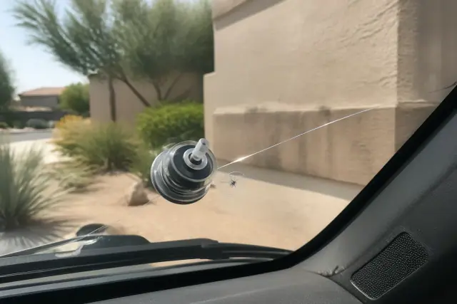 A windshield repair tool on a stone chip next to an edge crack on a vehicle in Phoenix, AZ.