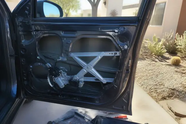 Scissor-style window regulator repair inside a car door at a residential job site in Phoenix, AZ.