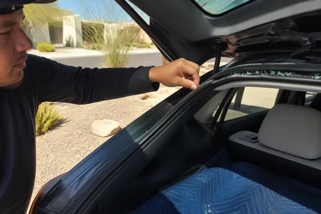 Technician removing broken glass from a hatchback during a mobile windshield replacement job in Phoenix, AZ.