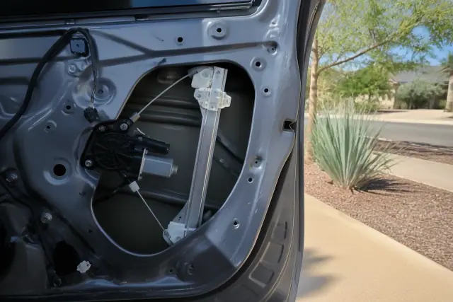 Exposed vehicle window regulator assembly and electric motor inside an open car door in Phoenix, AZ.