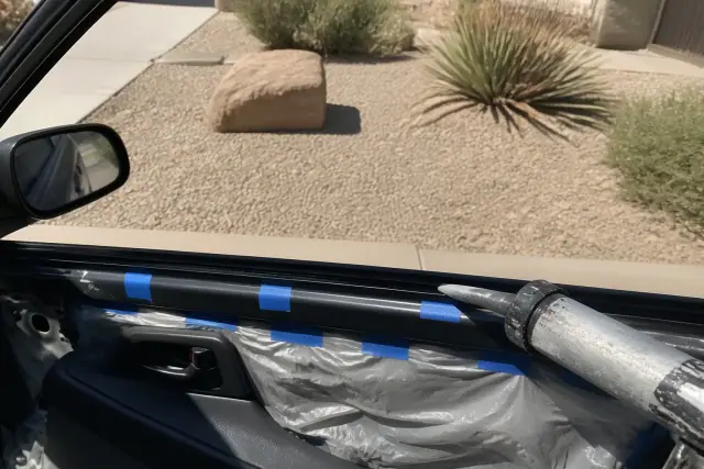 Technician preparing a car door window channel for glass replacement in Scottsdale, AZ.