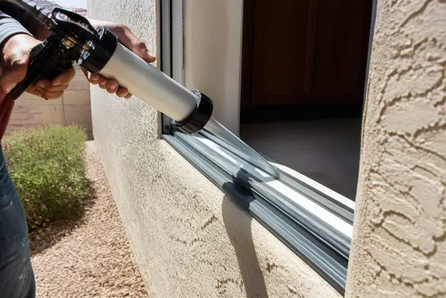 Contractor applying adhesive to a door window channel for glass replacement in Gilbert, AZ.