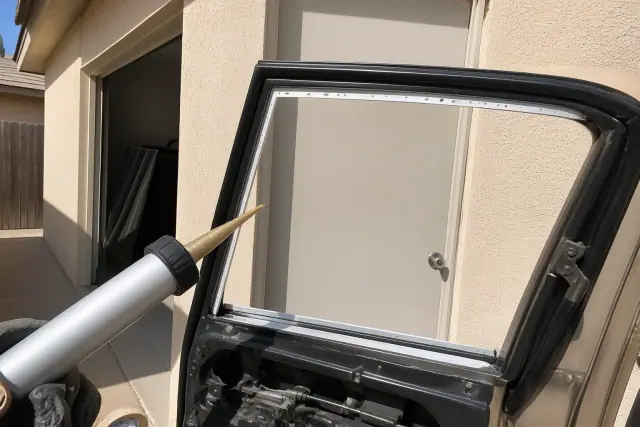 Adhesive being applied to a clean window channel for a side window replacement project in Glendale, AZ.