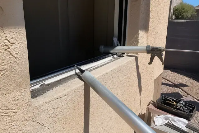 Technician applying adhesive to a clean car window channel at a jobsite in Phoenix, AZ.
