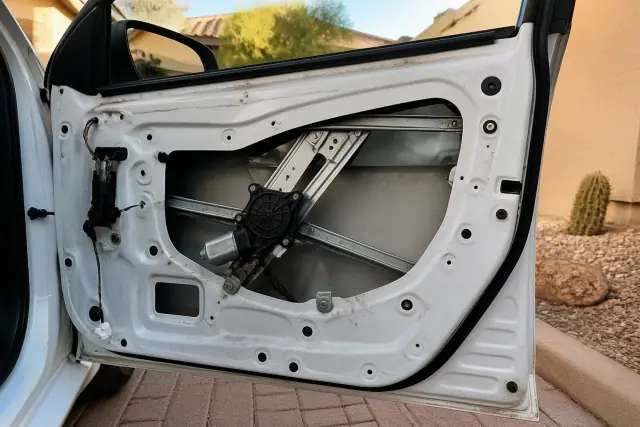 Vehicle door panel removed to show a window regulator repair in progress at a jobsite in Phoenix, AZ.