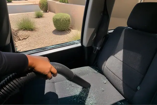 Shop vacuum nozzle removing tempered glass fragments from a car seat in Phoenix, AZ.