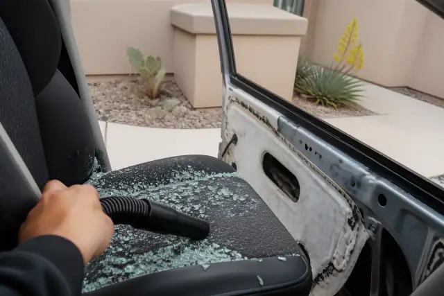 Shop vacuum cleaning tempered glass shards from a car seat at a repair shop in Phoenix, AZ.