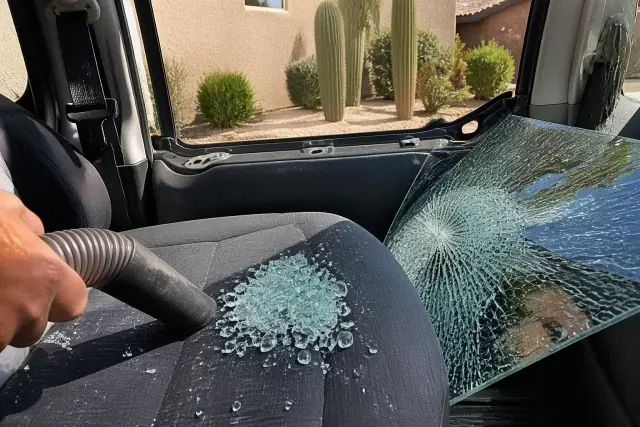 Technician showing diced tempered glass cubes and a fractured laminated car window in Phoenix, AZ.