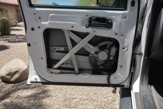 Vehicle door with interior panel removed showing a window regulator and motor repair in Phoenix, AZ.