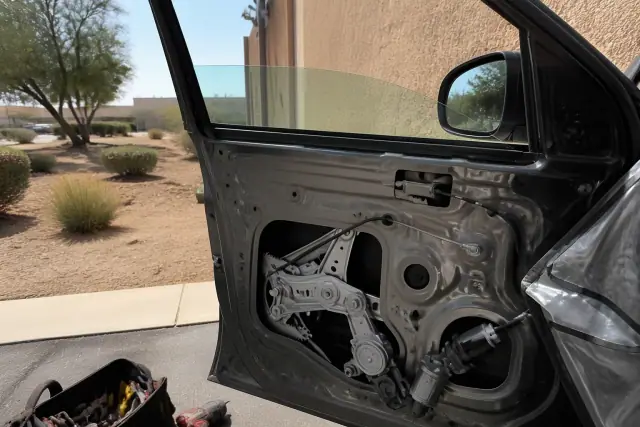 Open vehicle door showing a window regulator repair in progress at a workshop in Mesa, AZ.