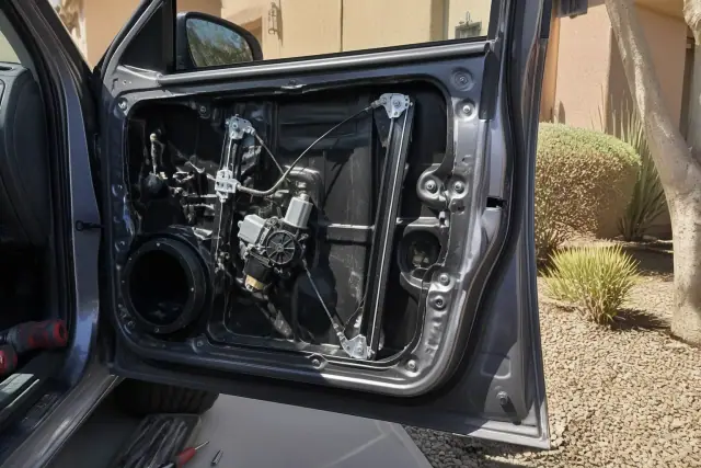 Exposed window regulator assembly inside a vehicle door during repair in Glendale, AZ.