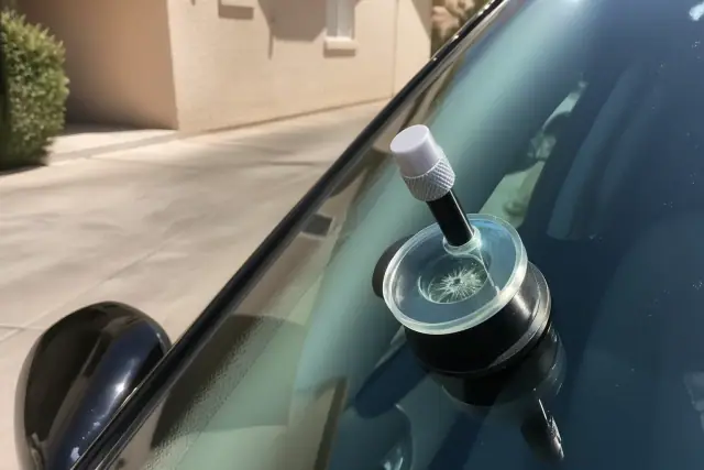Resin injector tool repairing a star chip on a vehicle windshield at a house in Gilbert, AZ.